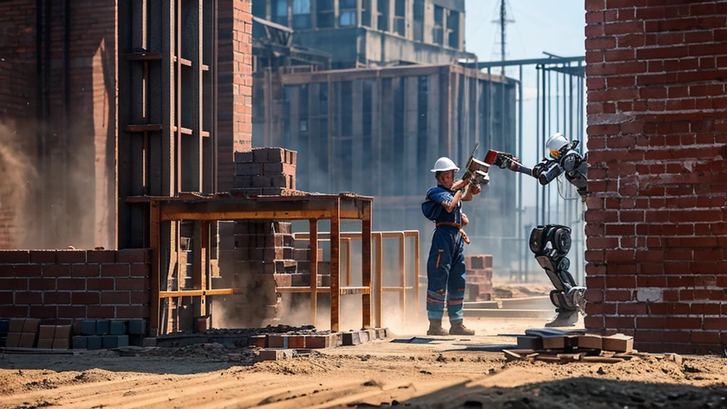 Create an image where a brick wall is being built by a human-like humanoid robot with a steel frame alongside other human workers, the robot should be represented working like a bricklayer and the whole image should look as real as possible possible