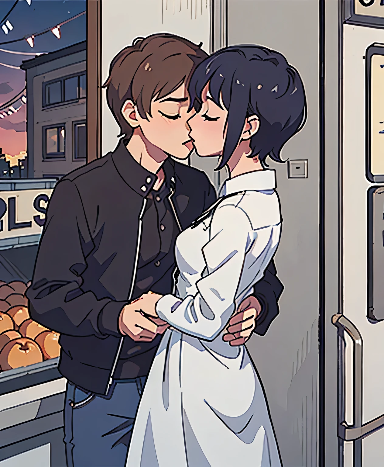 (detailed), two tomboys on a balcony, cityscape, short hair, small breasts, dress shirt, dress, jeans, (kissing:1.2), closed eyes, solo, best quality, best anatomy