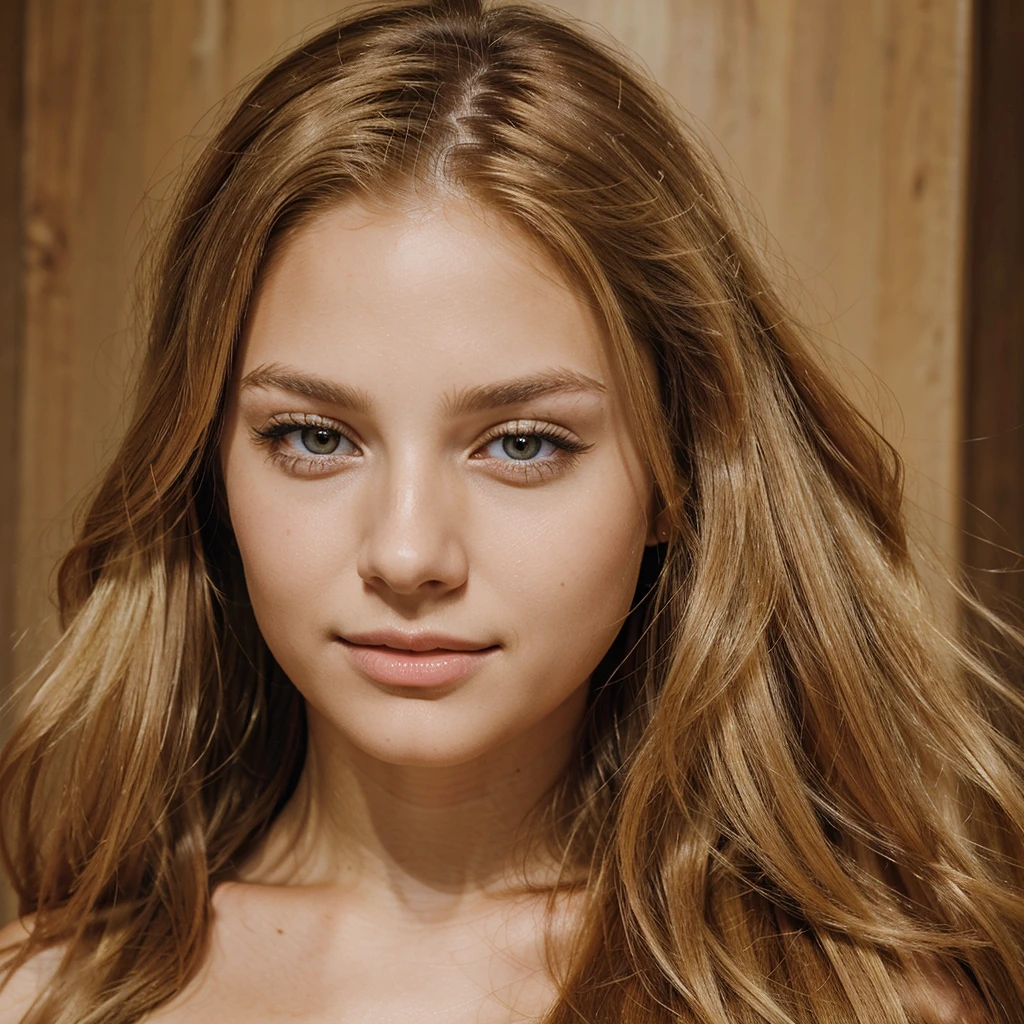Vibrant, high-resolution portrait of a woman with beautiful long blonde hair, styled straight and falling just behind her shoulders. She has brown eyes. She is at a party, she has a unique beauty, a calm and confident face, makes the image very realistic