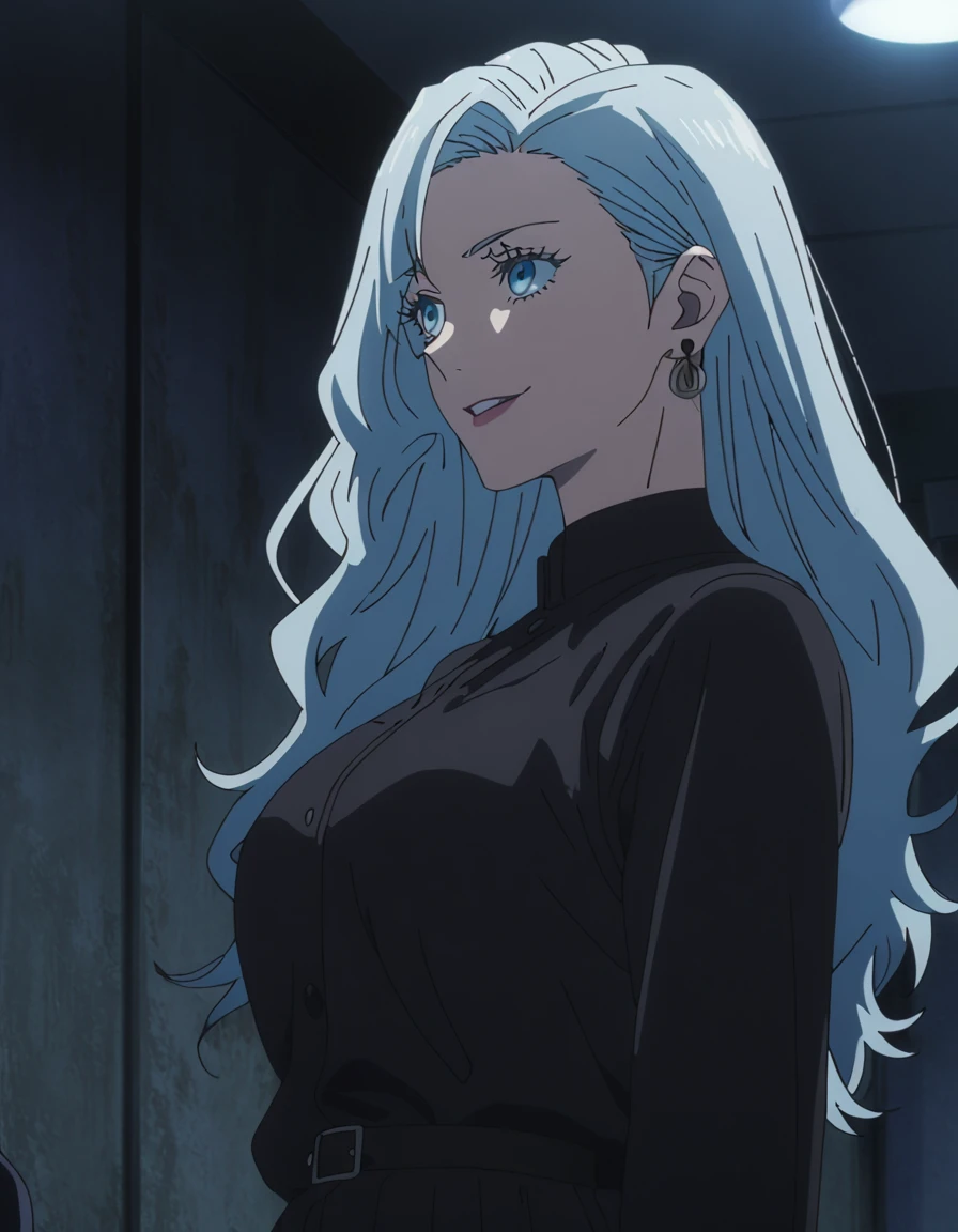 1girl, female gojo satoru, anime screencap from jujutsu kaisen, gojo satoru female version, solo, long_hair, ((Blue eyes, round sunglasses)) ((Silver_hair, hair over ear from one side))((slicked hair)) , night view, (hanging breasts) upper_body, smile, indoors, lips, (long hair) ((wearing black colour outfit, glossy)) breast, "very detailed and high resolution" (Blue eyes, round sunglasses) ((solo)) (((front view))) (earings) ((high resolution)) ((good quality)) ((silky hair, hair over ear from one side))((hair slicked)) ((shy)) ((full body))