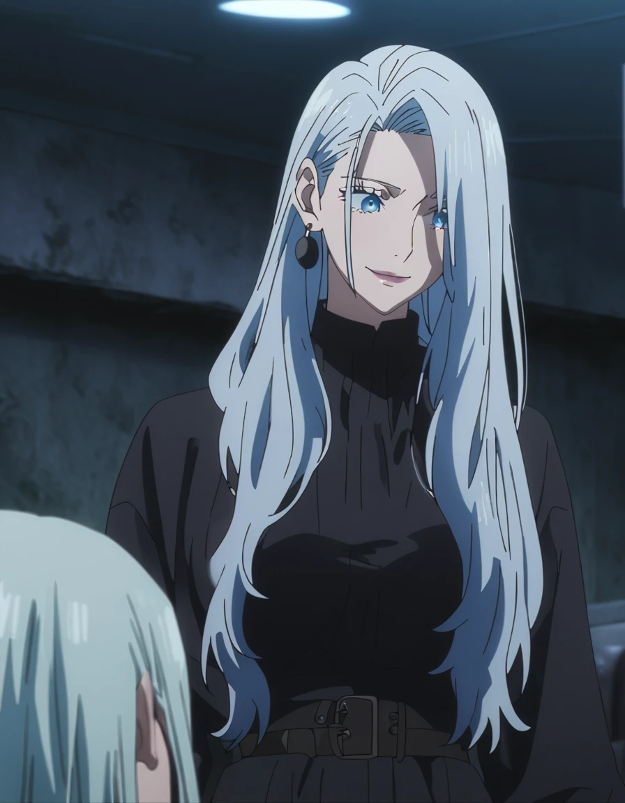 1girl, female gojo satoru, anime screencap from jujutsu kaisen, gojo satoru female version, solo, long_hair, ((Blue eyes, round sunglasses)) ((Silver_hair, hair over ear from one side))((slicked hair)) , night view, (hanging breasts) upper_body, smile, indoors, lips, (long hair) ((wearing black colour outfit, glossy)) breast, "very detailed and high resolution" (Blue eyes, round sunglasses) ((solo)) (((front view))) (earings) ((high resolution)) ((good quality)) ((silky hair, hair over ear from one side))((hair slicked)) ((shy)) ((full body))