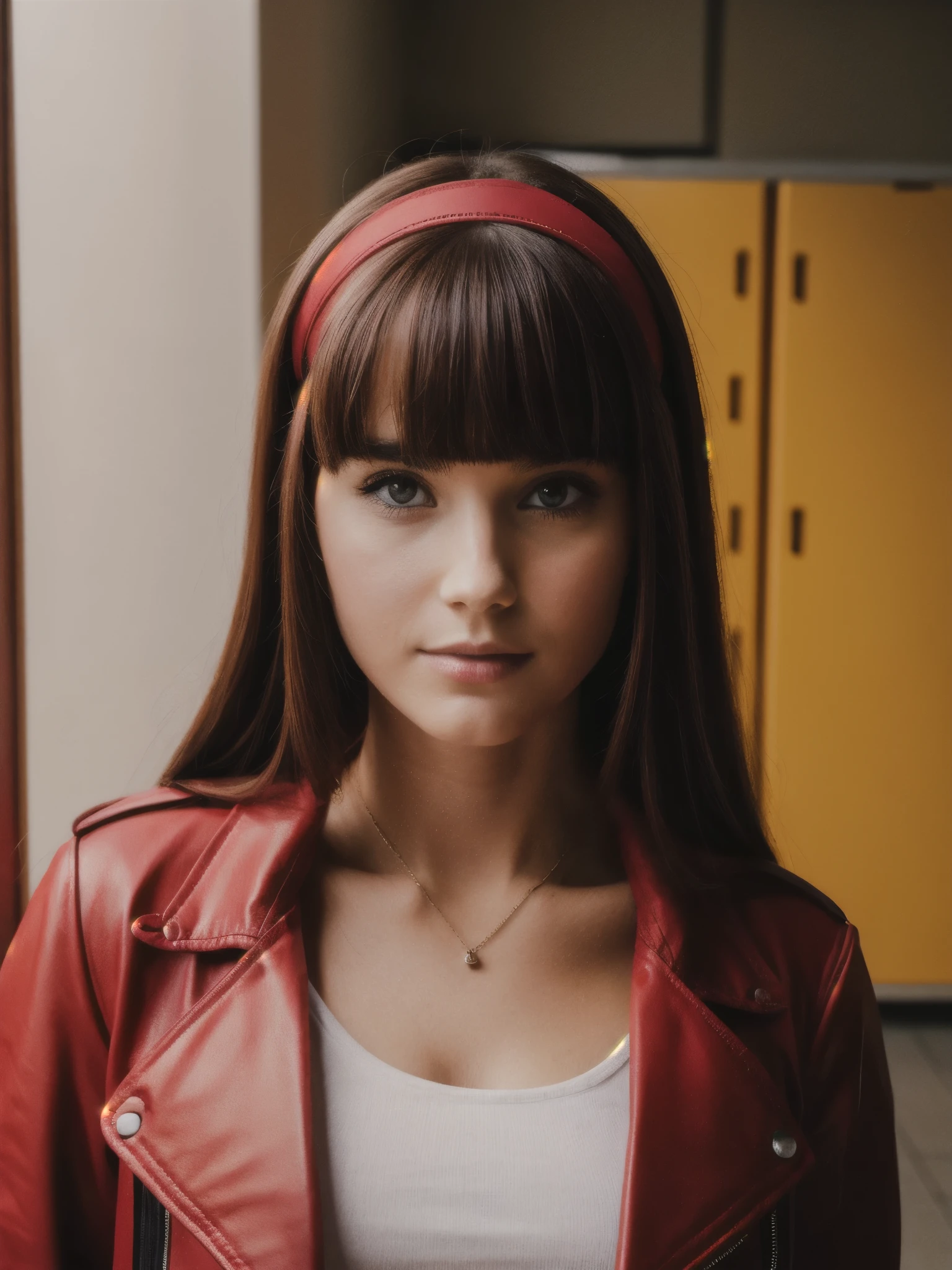 photography, realistic
woman, looking at viewer, dark red jacket, dark red hairband, school hallway, red lockers, close up, happy