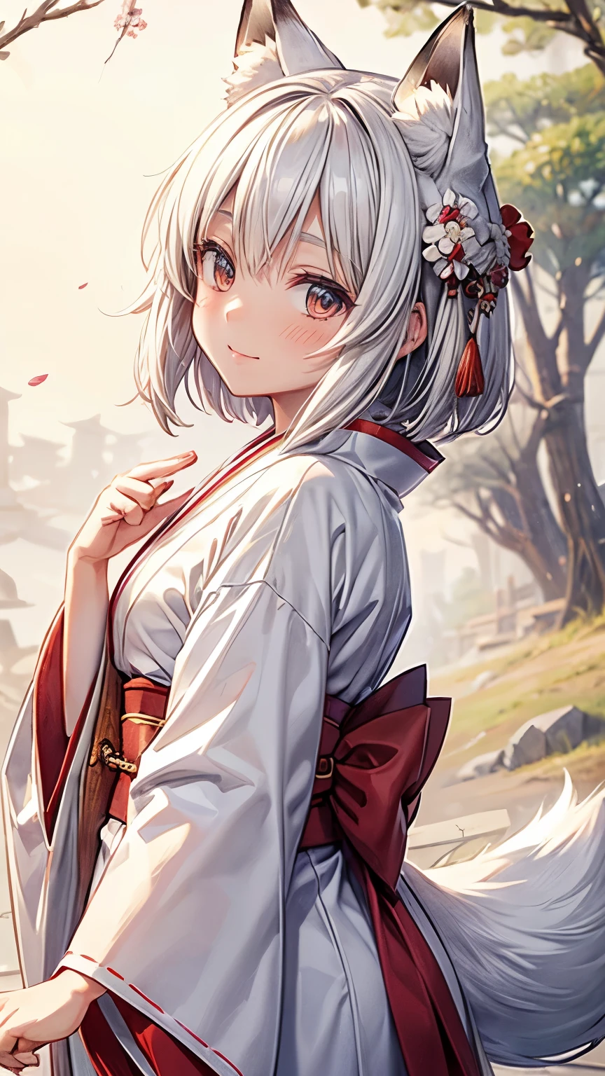 1 white fox girl with fox ears, 9 Back, Japanese shrine background , Short length, ,A kind smile,shy,blush,Hayao Miyazaki style, hot kimono