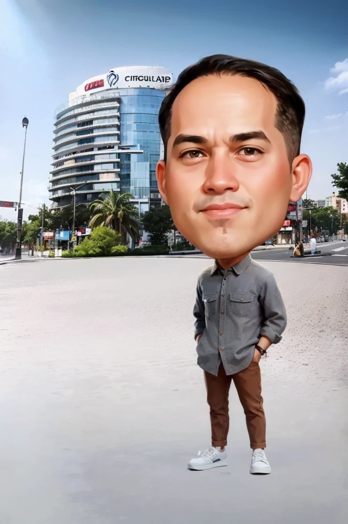 arafed man standing in front of a building with a large building in the background, caricature style, in cartoon style, big head, standing in a city center, chibi, caricature illustration, caricature!!!, caricature, digital art cartoon, cartoon artstyle, standing on street corner, with a big head, realistic cartoon, charicature, in city street, cartoon portrait