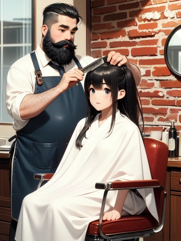 (((masterpiece))), (((Highest quality))), (((Half Body))), (((close))), ((Retro Barber Shop)), ((Two people)), ((Fat bearded man wearing an apron、Comes with a mini comb for combing your hair。)), (((A slender girl with long hair wearing white cloth is sitting on a swivel chair))), window, mirror, Portrait poster, Faded red brick wall,  shape, ((night)), (((Twilight))),