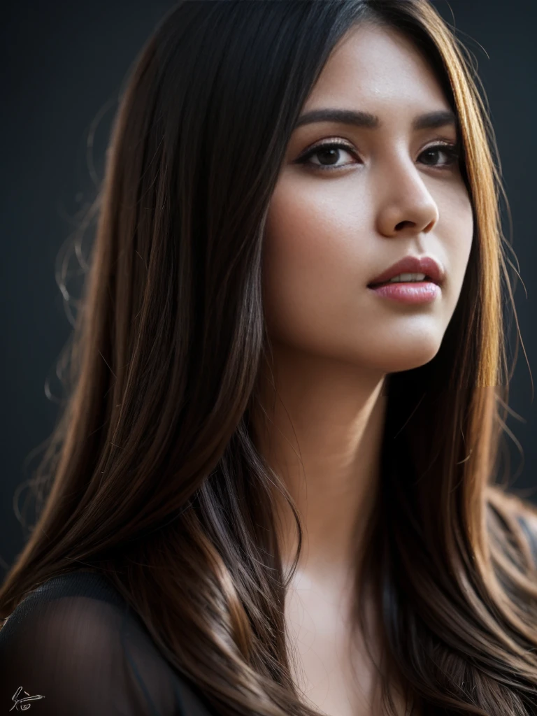 20 years old, Portrait of A confident-looking indian girl long flowing hair, (facing,90 degree to camera, looking at camera) hazel and brown big eyes, sitting on sofa, close up face, beautiful detailed nose, sexy detailed lips, (detailed skin texture), bokeh, perfect composition, hyperrealistic, super detailed, 8k, high quality, trending art, trending on artstation, sharp focus, studio photo, intricate details, highly detailed, art by greg rutkowski, full face visible,