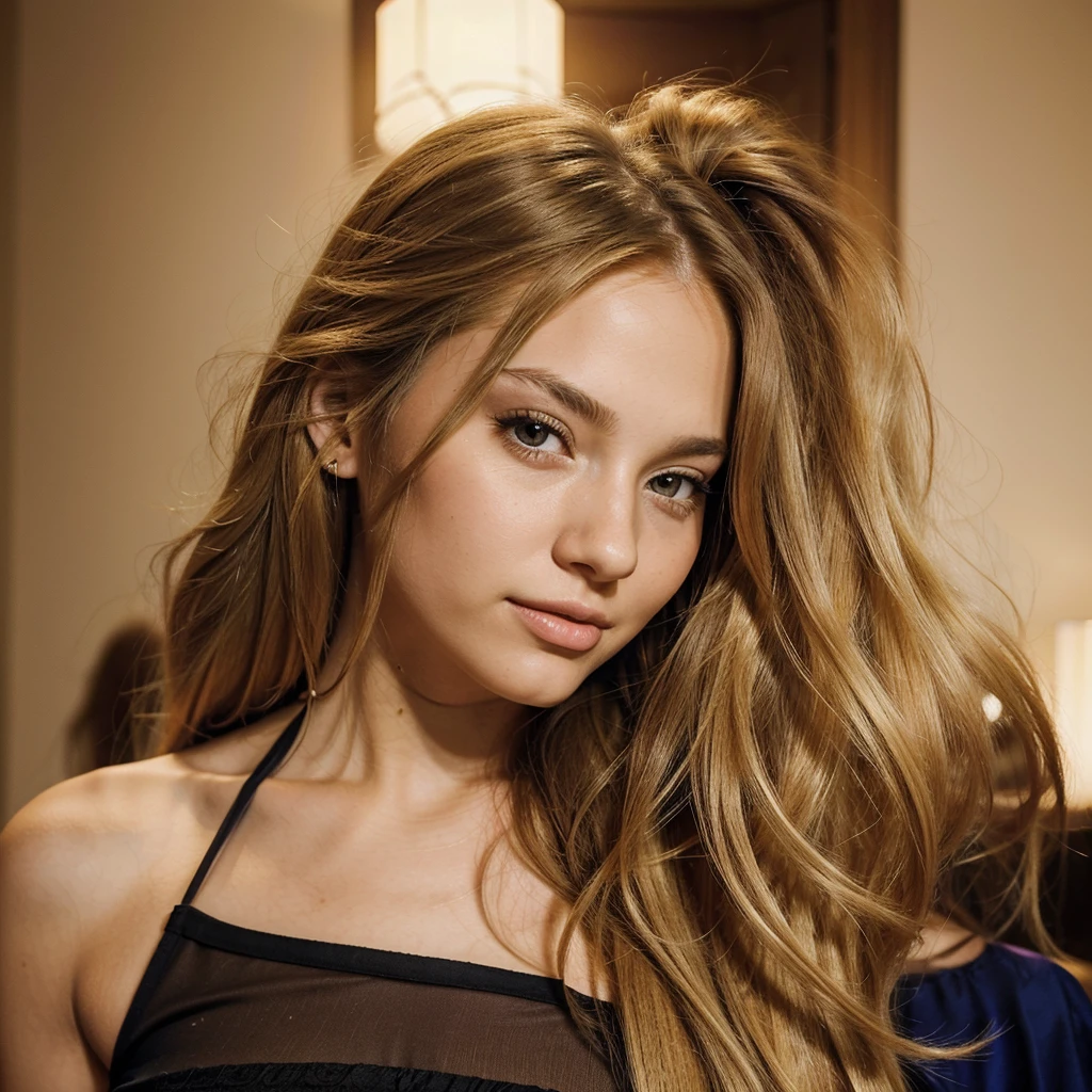 Vibrant, high-resolution portrait of a woman with beautiful long blonde hair, styled straight and falling just behind her shoulders. She has brown eyes. She is at a party, she has a unique beauty, a calm and confident face, makes the image very realistic