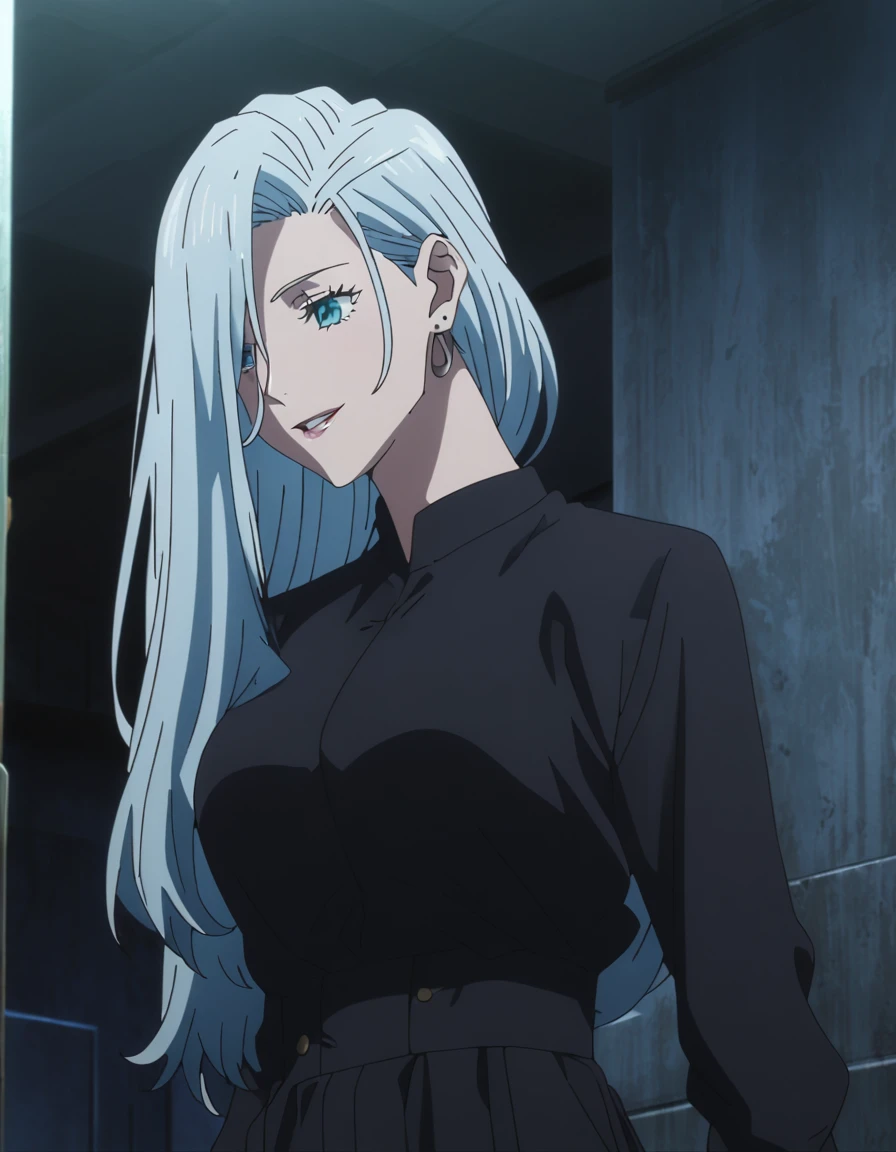 1girl, female gojo satoru, anime screencap from jujutsu kaisen, gojo satoru female version, solo, long_hair, ((Blue eyes, round sunglasses)) ((Silver_hair, hair over ear from one side))((slicked hair)) , night view, (hanging breasts) upper_body, smile, indoors, parted lips, (long hair) ((wearing black colour outfit, glossy)) breast, "very detailed and high resolution" (Blue eyes, round sunglasses) ((solo)) (((front view))) (earings) ((high resolution)) ((good quality)) ((silky hair, hair over ear from one side))((hair slicked)) ((parted lips)) ((full body))