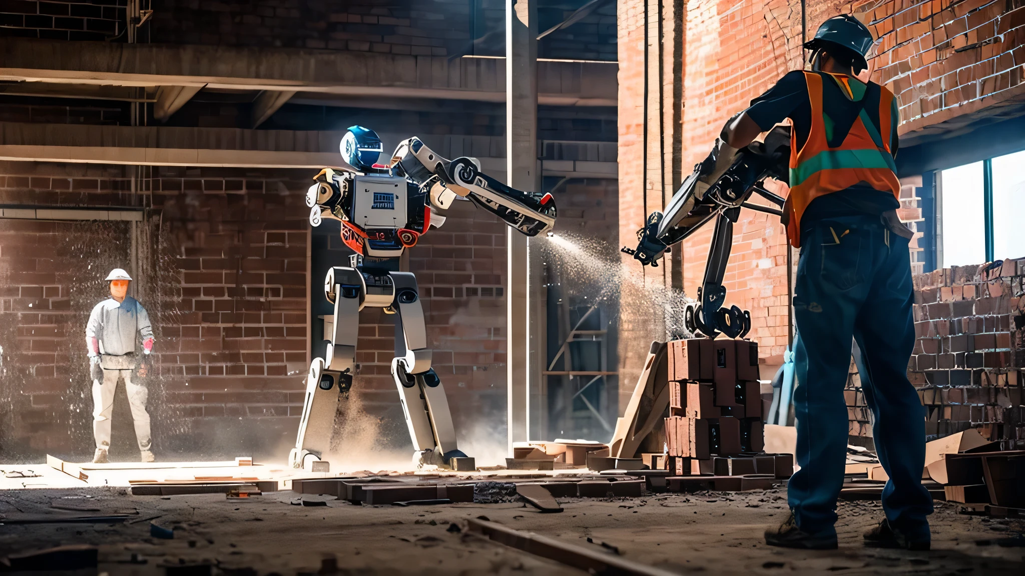 Create an image where a brick wall is being built by a human-like humanoid robot with a steel frame alongside other human workers, the robot should be represented working like a bricklayer and the whole image should look as real as possible possible