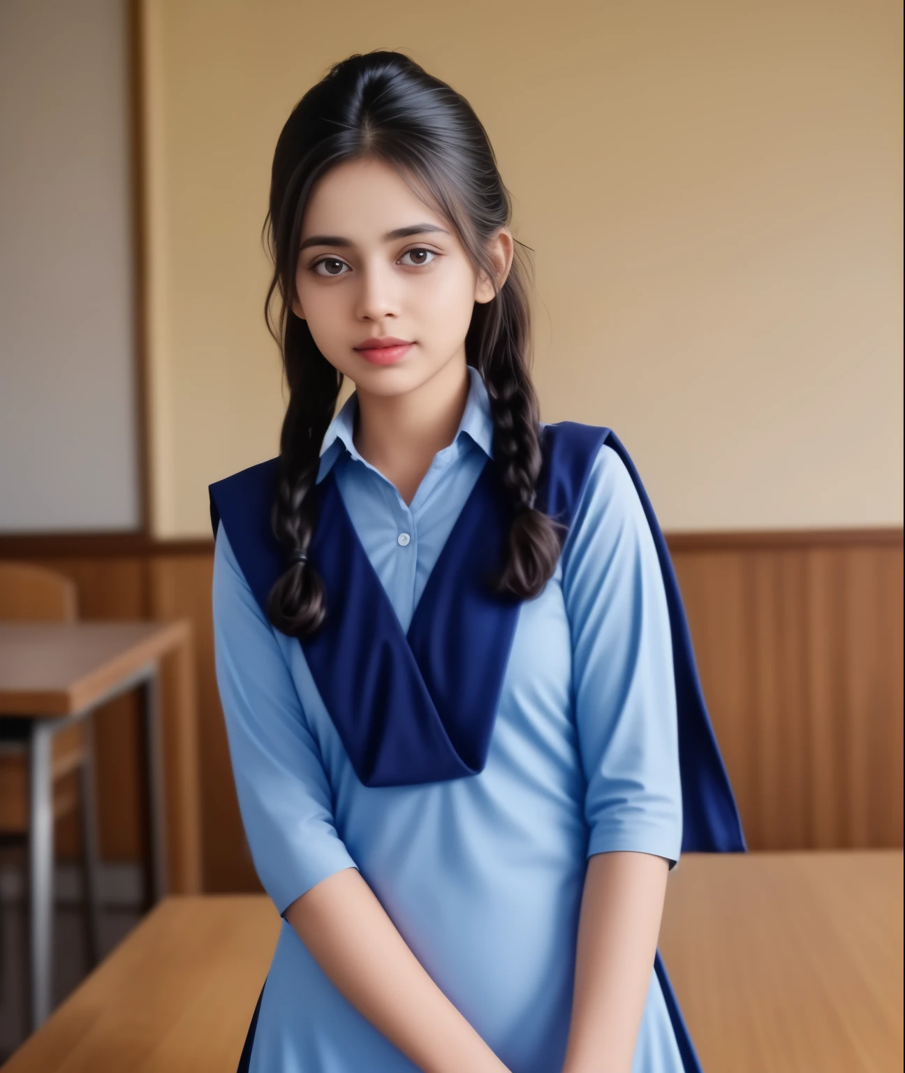 Raw photo , 1 girl  ,Wearing  salwar kameez uniform, teen school girl in the classroom , with plait , professional photographer, (hdr:1.4), masterpiece, ultra-realistic 8k, perfect artwork, intricate details, cute face, award winning photograph, (Best quality, 8k, 32k, Masterpiece, UHD:1.3) 