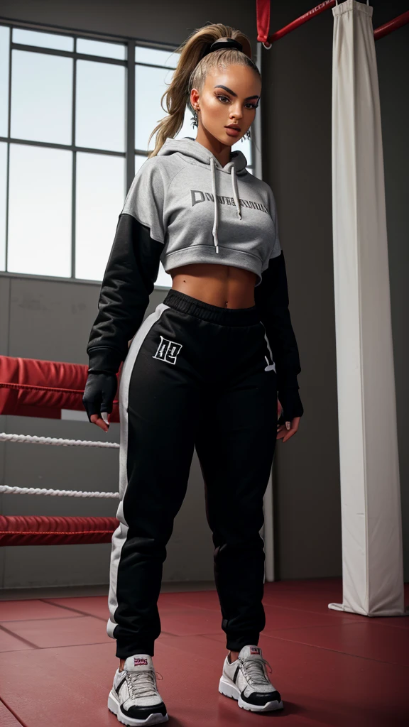 Alisha Lehmann skinny sexy model,She is wearing big oversized baggy black hoodie big sweatshirt covering her breasts and big high waist oversized big baggy black sweatpants boxing gloves,in a gym she has small sexy breasts,skinny sexy thighs black hair ponytail with bangs,big silver hooves earrings black gloves, sneakers ,full body view, walking black hair skinny girl oversized big hoodie, oversized big sweatpants boxing gloves, punching gloves looking into the camera big oversized pants big sweatshirt wearing boxing gloves
