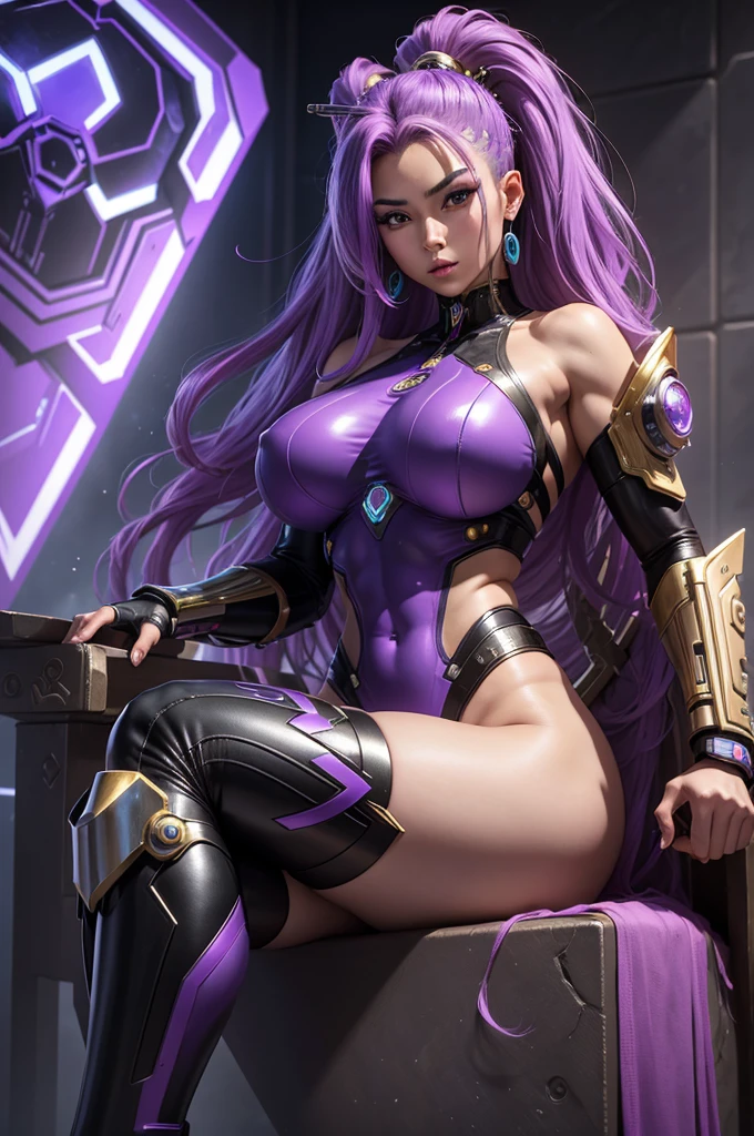 A beautiful, exuberant and very young cybernetic android warrior with black African and oriental Japanese and Chinese features, mixed with the clone of the Greek warrior goddess Athena, with super mega giant breasts, purple eyes, transformed into a super sensual and extremely muscular astronaut, fitness, fit bodybuilder and weightlifter, wearing very short, super radical punk style hair that is purple and very straight in locks, wearing cyberpunk battle clothes, in a gigantic and luxurious throne room, sitting on a huge, comfortable, luminous, resplendent, luxurious and shining crystal and diamond throne