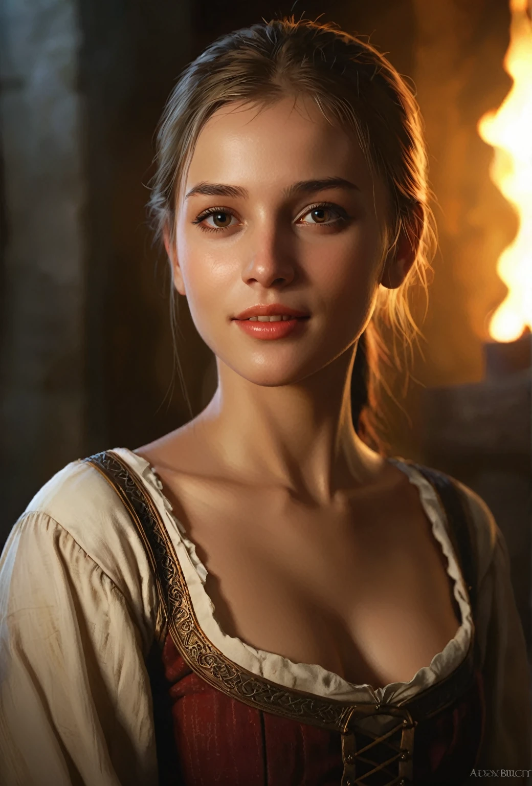 Style by Style Style Crypt Award winner, Spectacular oil painting of a beautiful medieval peasant girl, , (seductive expression:1.2), erotic espression, an ominous, evil, (Backlight:1.3), Digital Painting, concept art, Smooth, Sharp focus, Three-part method, Dark fantasy,Intricate details, art:Alexis Briclot, Medium Shot, (Shallow depth of field:1.3), grin seductively, She is in sexual climax. erotic, sexy, seductive, moistskin, hyper detailed skin texture,