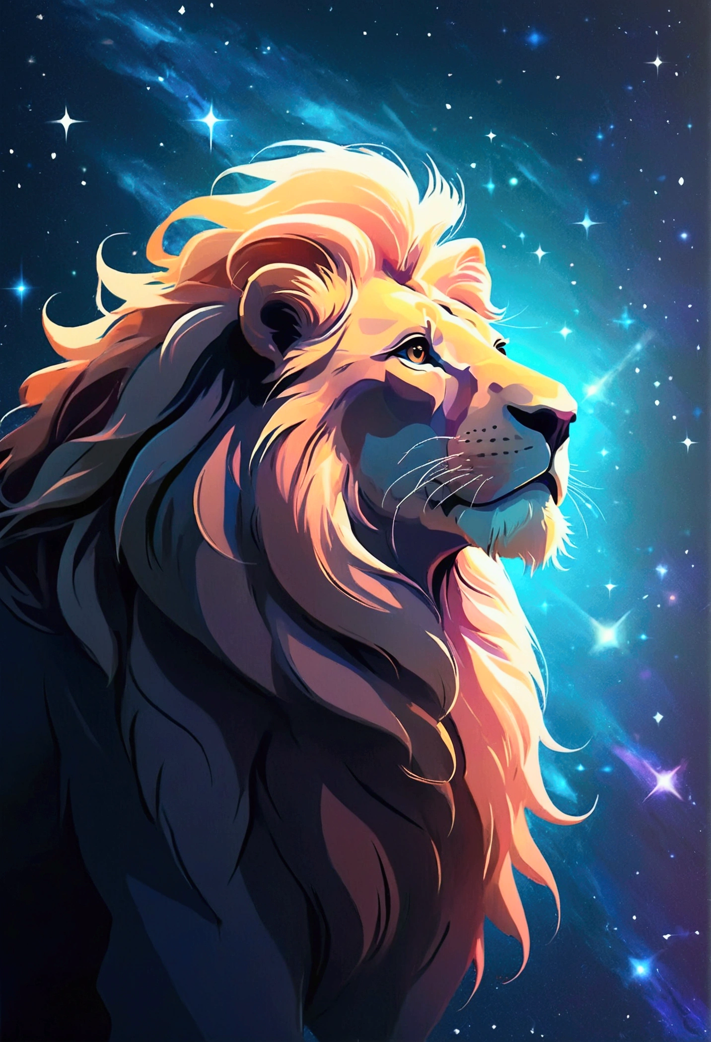 a lion silhouette (stylized) composed by bright stars. Cosmic background