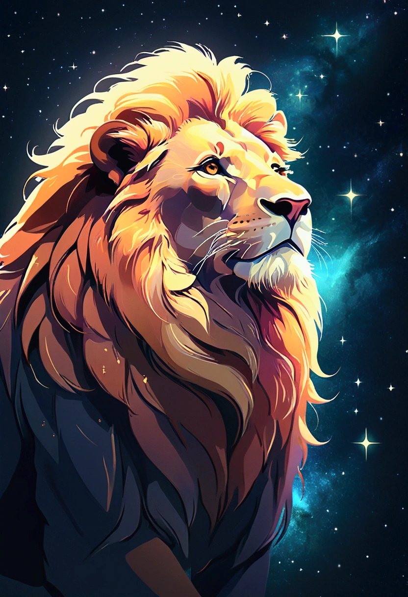 a lion silhouette (stylized) composed by bright stars. Cosmic background