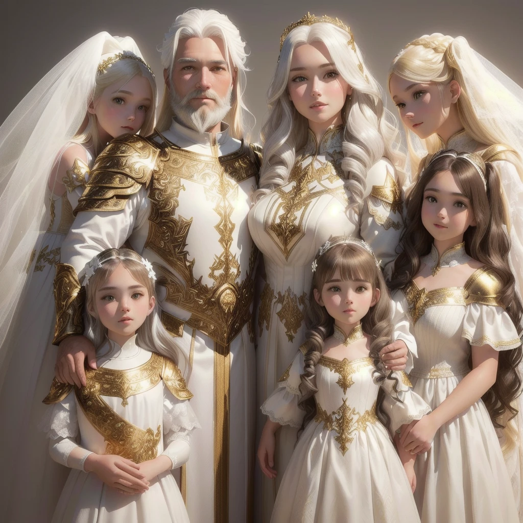 Photorealistic 3D Family portrait (Parents and 3 girls): Angels One Man white hair and beard and One Woman Blonde hair, In white and gold ceramic armor, Standing behind Angel twin girls in white and gold dress, And one older girl in white and gold dress, Brown long hair.
