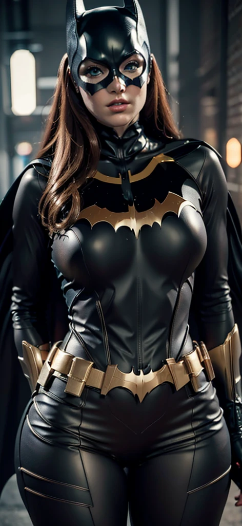 The character Batgirl, perfect costume, in the building, traditional black mask over her eyes, perfect anatomy, smooth curves, extremely detailed and realistic anatomy , upturned buttock