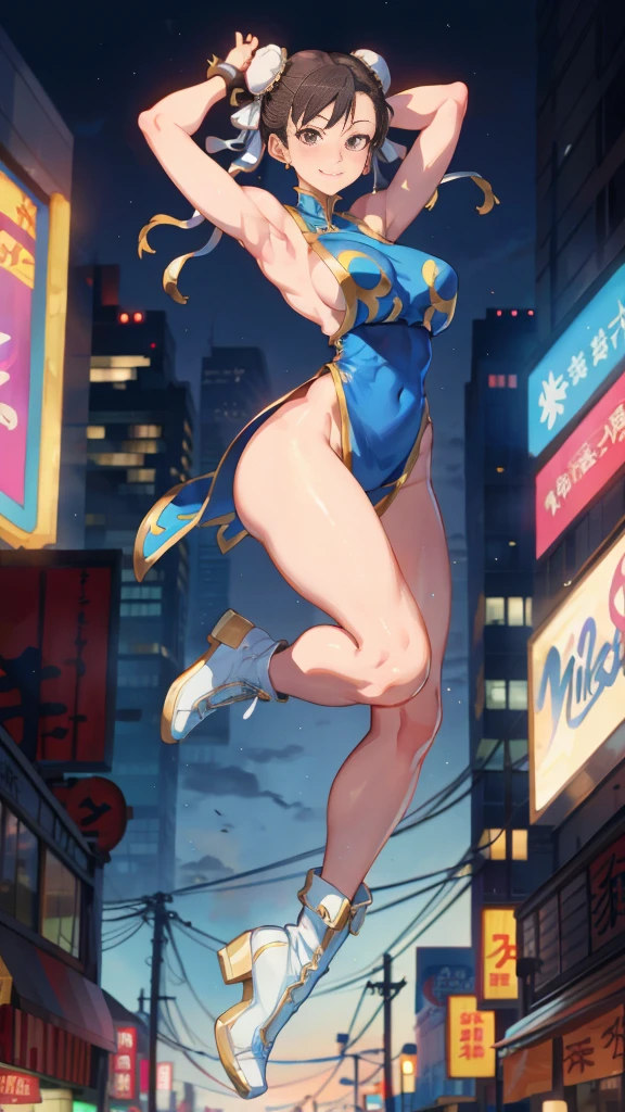 Street fighter chun li smiling, showing armpits, half naked.(((half naked))) city background, full body, white boots. 