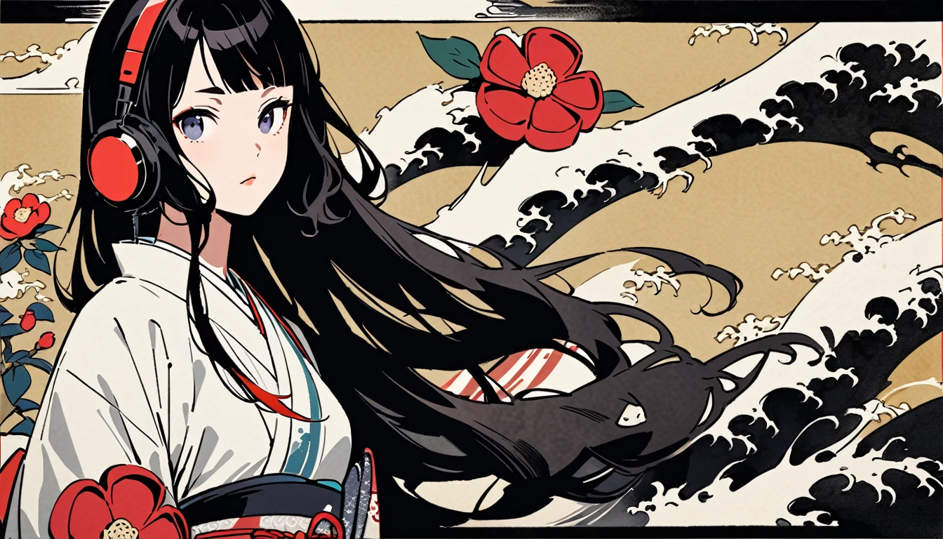 Highest quality, Katsushika Hokusai, Ink Painting, (((longhair))), (((White kimono))), Japanese style headphones, camellia, beautiful girl, Black Hair, Delicate and precise, Modern ukiyo-e style,