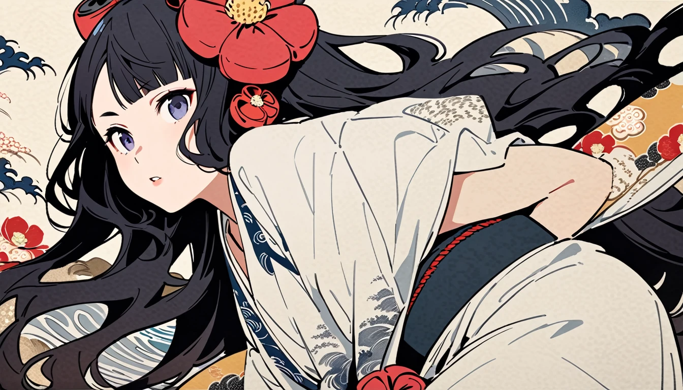 Highest quality, Katsushika Hokusai, Ink Painting, (((longhair))), (((White kimono))), Japanese style headphones, camellia, beautiful girl, Black Hair, Delicate and precise, Modern ukiyo-e style,