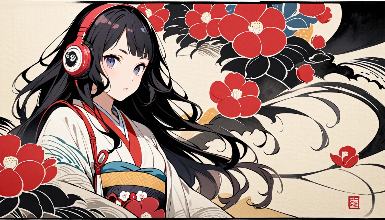 Highest quality, Katsushika Hokusai, Ink Painting, (((longhair))), (((White kimono))), Japanese style headphones, camellia, beautiful girl, Black Hair, Delicate and precise, Modern ukiyo-e style,