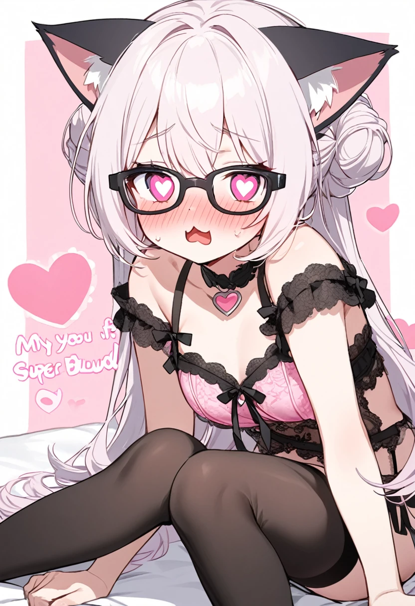 I have white pink hair, cat ears, a bun, my face is super blushing, black glasses, pink heart eyes, small breasts, a Playboy bunny suit that has a big butt, black stockings, a cat&#39;s tail, a very shy girl is this touching rear stand