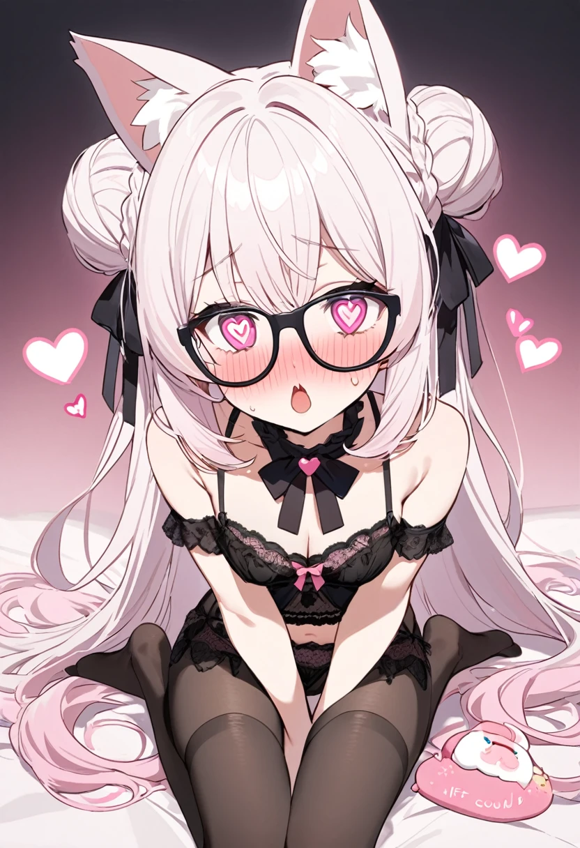I have white pink hair, cat ears, a bun, my face is super blushing, black glasses, pink heart eyes, and if you could, in lingerie, black stockings, a cat's tail, a very shy girl, that you are lying on your bed how suspicious it is very small