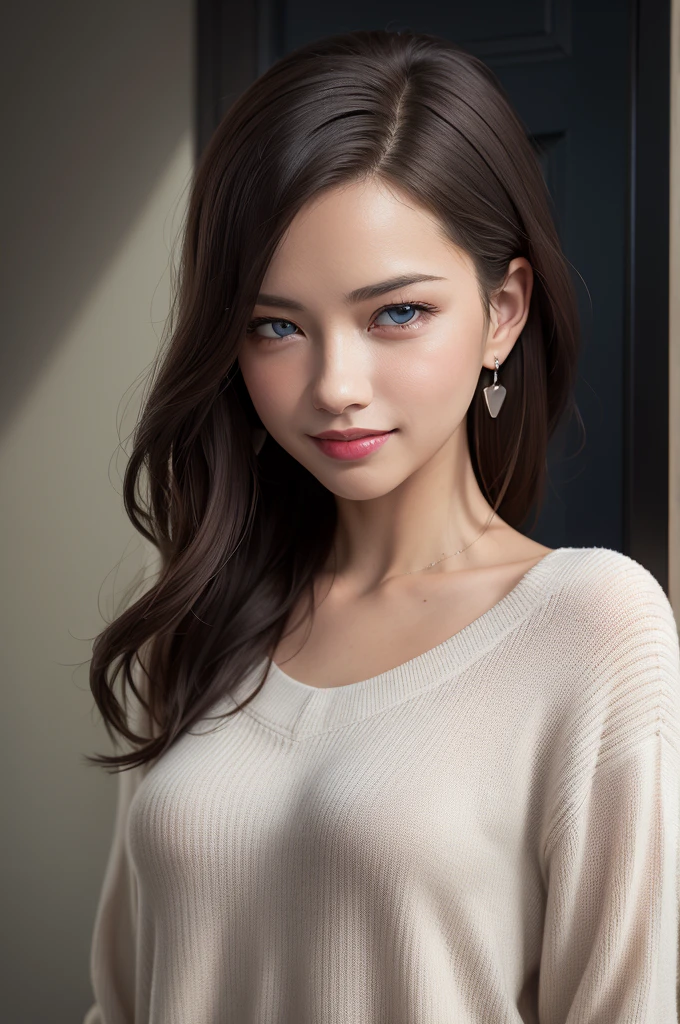 ((masterpiece)), (best quality), official art, extremely detailed CG, unity 8k wallpaper, ultra detailed, highly detailed, detailed background, vivid color, photorealistic, perfect lighting, best illumination,
a Realistic photo of 4dr14n4l1m4, long hair, blue eyes, brown hair, jewelry, earrings, parted lips,
sweater, heart cutout, naughty smile,