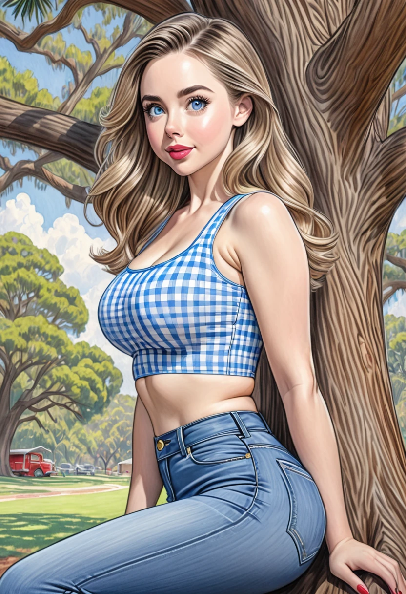 A colored pencil sketch of A beautiful woman, A gingham, skin tight spandex top, large heaving breasts, skin tight highrise jeans. curvy, thin-waist, wide-hips, swaying-hips, fit, healthy chiseled, vuluptious figure. mash up of Alison Brie, Sabrina Carpenter, Scarlett Johanson. She is sitting seductively under a live oak tree.