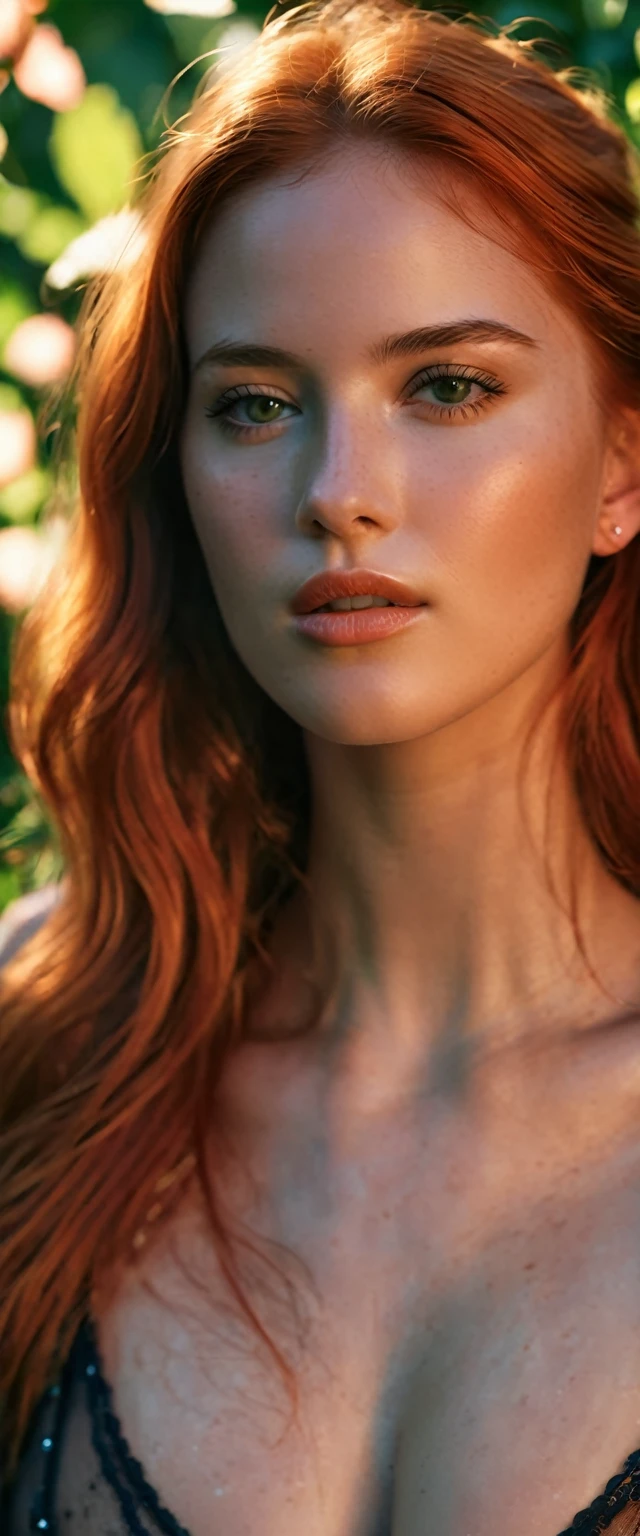 In this captivating scene, a lively red-haired Eastern European girl, (Detail of skin structure, large pores), with lively, Her subtle sexy outfit emphasizes her thinness, Hourglass figure and voluptuous breasts, attracts attention with its seductive appeal. With eyes, that sparkle in the sunlight and lips, seductive smile, She radiates irresistible charm and sensuality. The garden, meticulously rendered with hyper-realistic detail, while bold colors add a touch of surrealism. Recorded in stunning 8k resolution, every nuance is visible, from the strands of her hair to the lines on her face. extremely realistic skin, with color corrections, increase tension and sensuality. Soft light bathes her face in a warm glow, give the image depth and dimension. O o (hyper-realistic:1.5) (masterpiece:1.5) promises an impressive visual experience, Combining the best materials and techniques to awaken the senses.