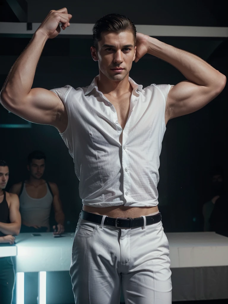 tall, athletic man, (with a slightly unbuttoned white shirt that revealed a muscular torso), in a nightclub (best quality,4k,8k,highres,masterpiece:1.2),ultra-detailed,(realistic,photorealistic,photo-realistic:1.37), dramatic lighting, neon club lights, atmospheric smoke, blurred background, elegant pose, confident expression, dancing, at the pub.