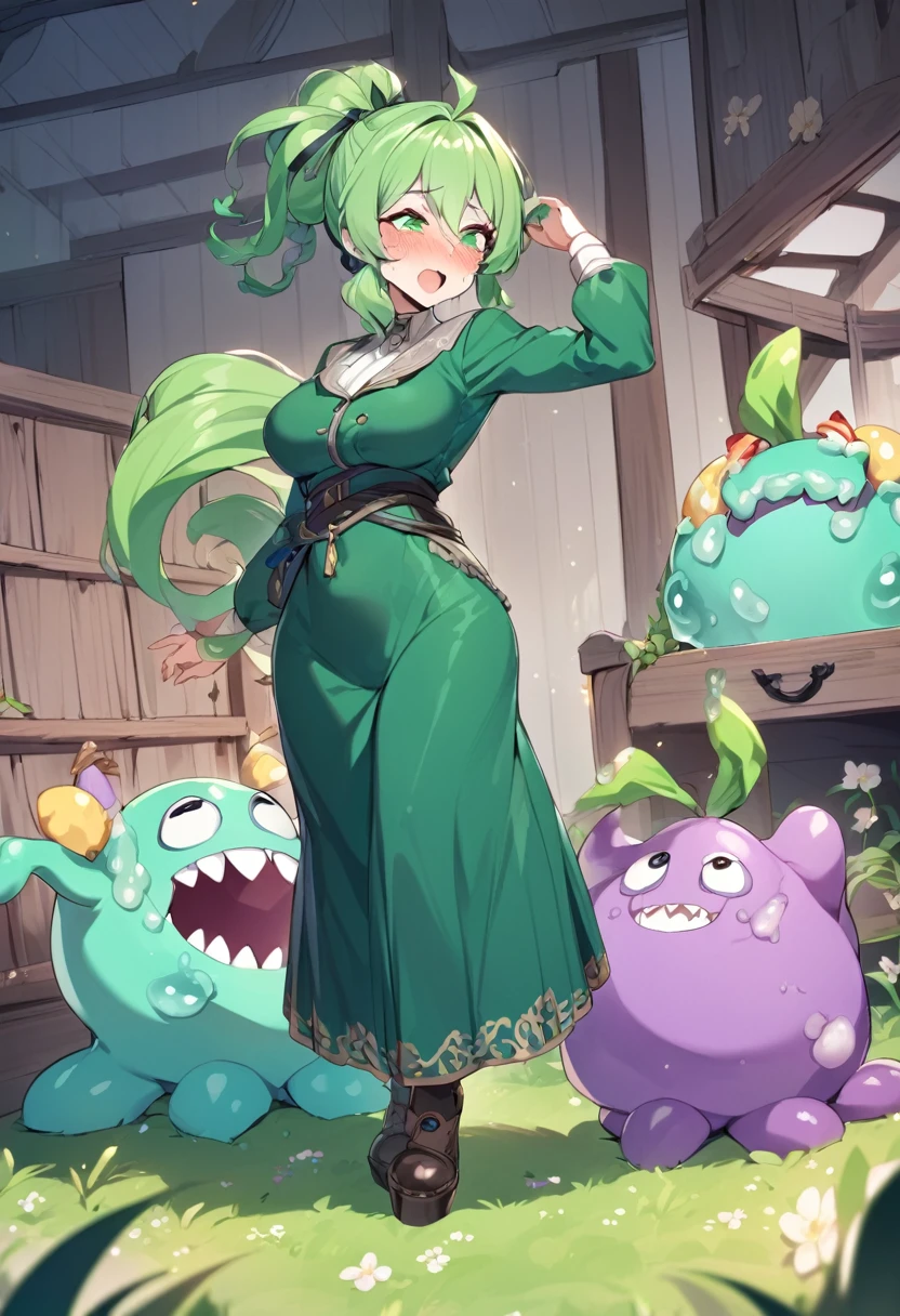 goddess(mature appearance, green pony tail hair, green long skirt, long sleeve), rape by jelly monster, 