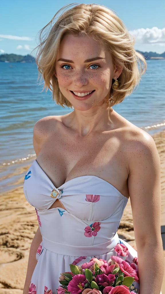 A 60-year-old mature woman with short blonde hair, beautiful medium-sized breasts, and a height of 1.60 meters. She has a British white style and light blue eyes. Kate is beautiful, with an angelic face and freckles around her nose. She is wearing a short, strapless dress with a fitted bodice and a flared skirt. This style highlights Kate's shoulders and waist. The dress features a floral print with multicolored flowers in shades of white, pink, yellow, and green on a vibrant red background. The print is cheerful and eye-catching. The neckline is a sweetheart strapless design, adding a romantic and elegant touch to the dress. Kate is at the beach, shown in a front portrait smiling, with the sea in the background on a beautiful day with a cinematic sunset.