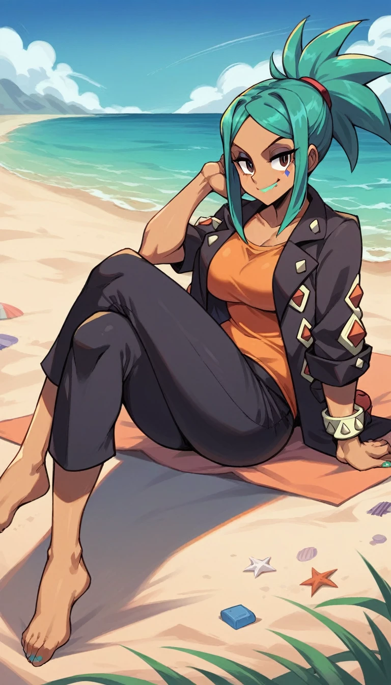 score_9, score_8_up, score_7_up, source_anime, beautyful woman, cerebella from skullgirls, orange shirt, in beach, no hat, brown skin, cyan hair, ponytail hair, smile, crossed legs. black jacket, black pants, mature woman, brown skin