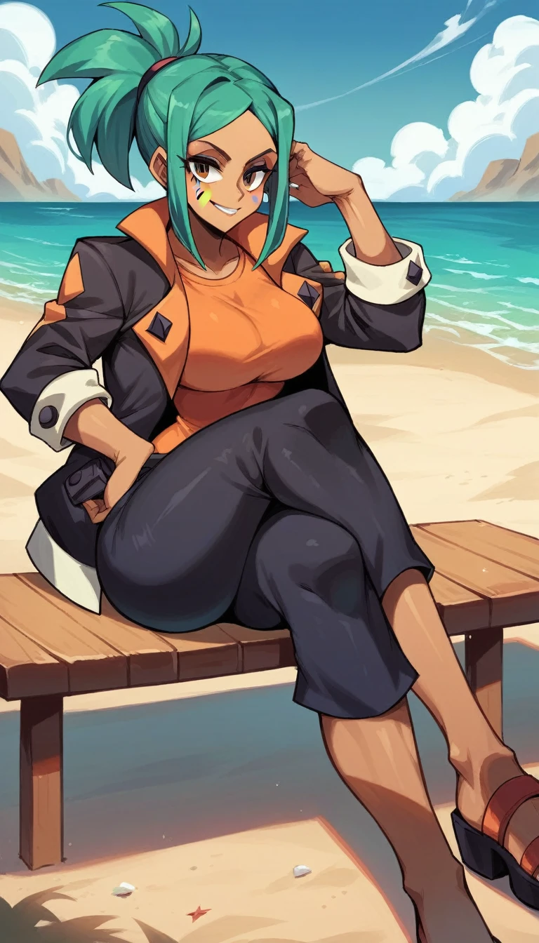 score_9, score_8_up, score_7_up, source_anime, beautyful woman, cerebella from skullgirls, orange shirt, in beach, no hat, brown skin, cyan hair, ponytail hair, smile, crossed legs. black jacket, black pants, mature woman, brown skin