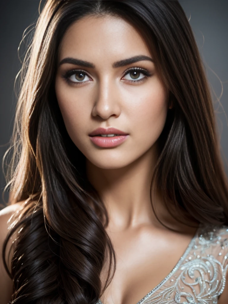20 years old, Portrait of A confident-looking turkish girl long flowing hair, (facing,90 degree to camera, looking at camera) hazel and brown big eyes, close up face, beautiful detailed nose, sexy detailed lips, (detailed skin texture), bokeh, perfect composition, hyperrealistic, super detailed, 8k, high quality, trending art, trending on artstation, sharp focus, studio photo, intricate details, highly detailed, art by greg rutkowski, full face visible,