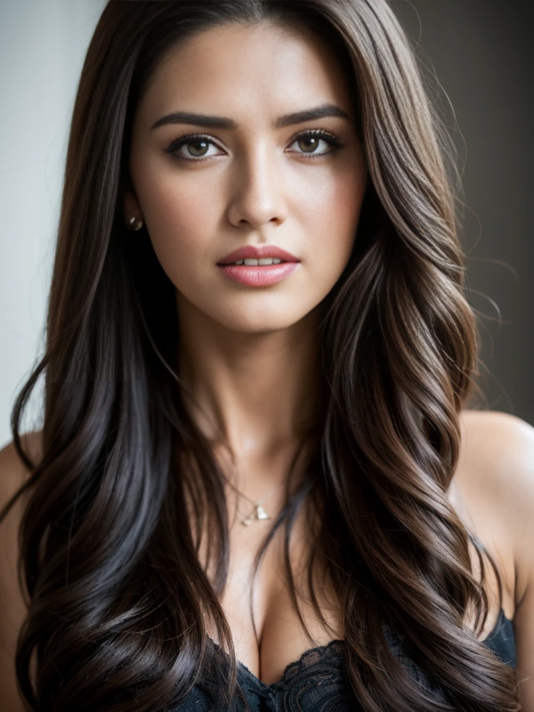 20 years old, Portrait of A confident-looking turkish girl long flowing hair, (facing,90 degree to camera, looking at camera) hazel and brown big eyes, close up face, beautiful detailed nose, sexy detailed lips, (detailed skin texture), bokeh, perfect composition, hyperrealistic, super detailed, 8k, high quality, trending art, trending on artstation, sharp focus, studio photo, intricate details, highly detailed, art by greg rutkowski, full face visible,
