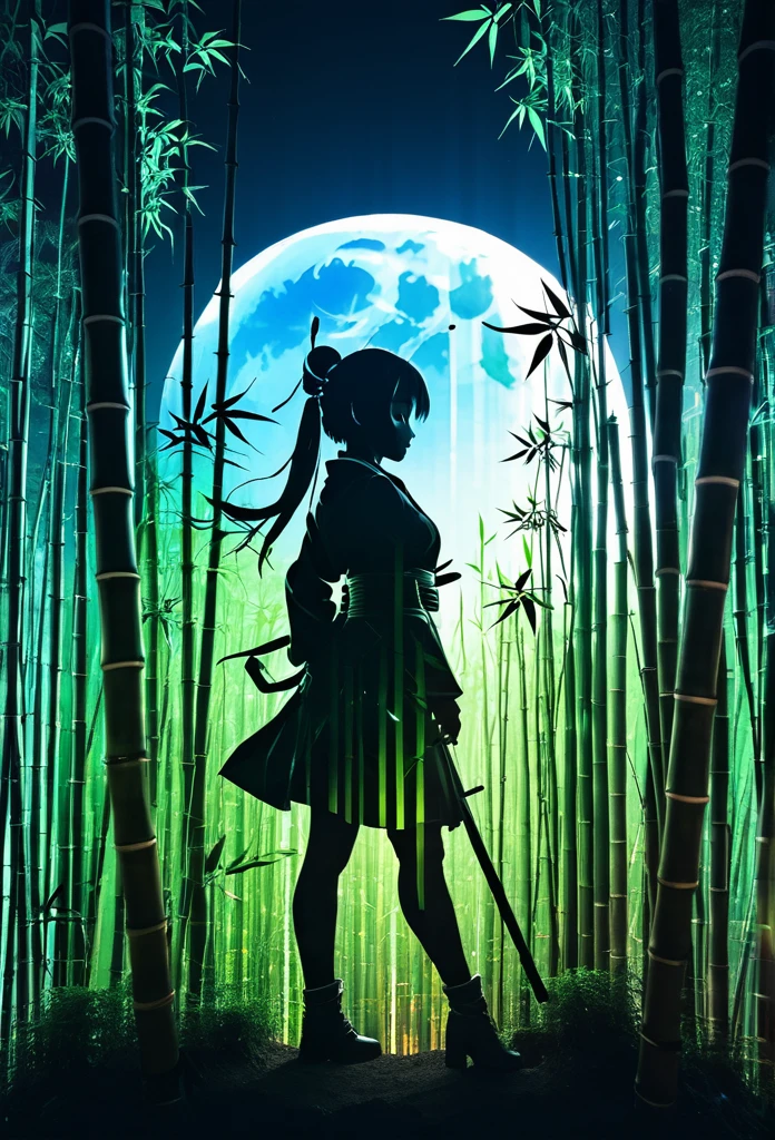 mate piece, Kunoichi , logo, monotony, moon, depth of field, (holographic glow effect:1.3), double exposure, bamboo forest , silhouette, masterpiece,