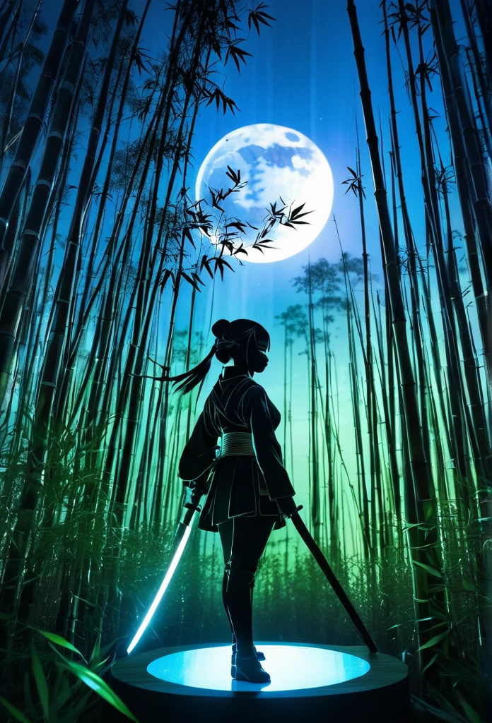  mate piece, Kunoichi , logo, monotony, moon, depth of field, (holographic glow effect:1.3), double exposure, bamboo forest , silhouette, masterpiece,