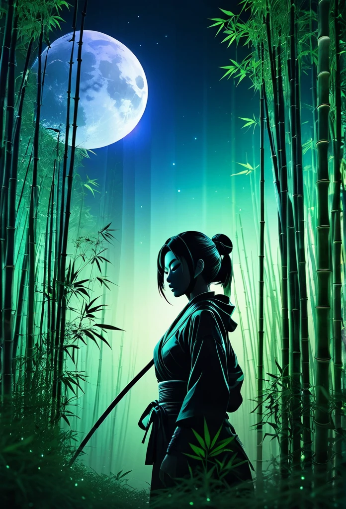 mate piece, Kunoichi , logo, monotony, moon, depth of field, (holographic glow effect:1.3), double exposure, bamboo forest , silhouette, masterpiece,