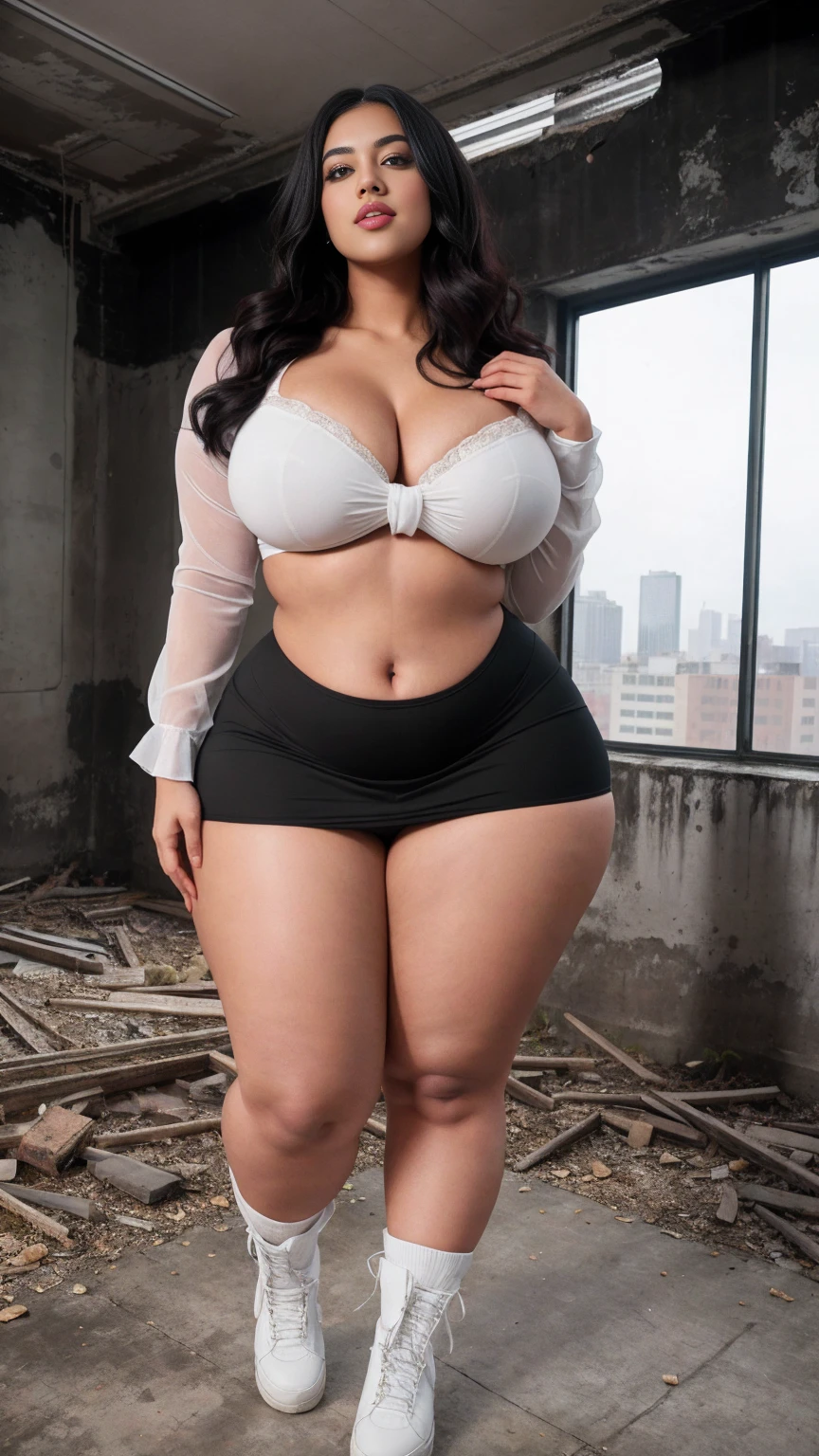 swastika mukharjee Indian beautiful woman curvy plus size hour glass bulky huge figure woman, closeup camera view, big huge m-cup breast, wearing SHEIN Bubble Crinkled Double Layered Skirted Cami Dress For Girls Color: White , covered Bust , elegant standing position, eye contact view, different style hairstyle, bright eyes, thin eyebrows, fair skin, blushing cheeks, prefect head to toe view, full body, ideal for high-fashion or editorial shoots, ultra realistic skin texture, head to toe view, full body shot, full body view, smile face, black hair, Indian face, perfect skin tone light, ultra realistic skin texture, bigger waist, busty, big hips, fleshy thighs, thick thighs, busty, full body view, Abandoned Building: Eerie, decaying structure with a mysterious atmosphere.