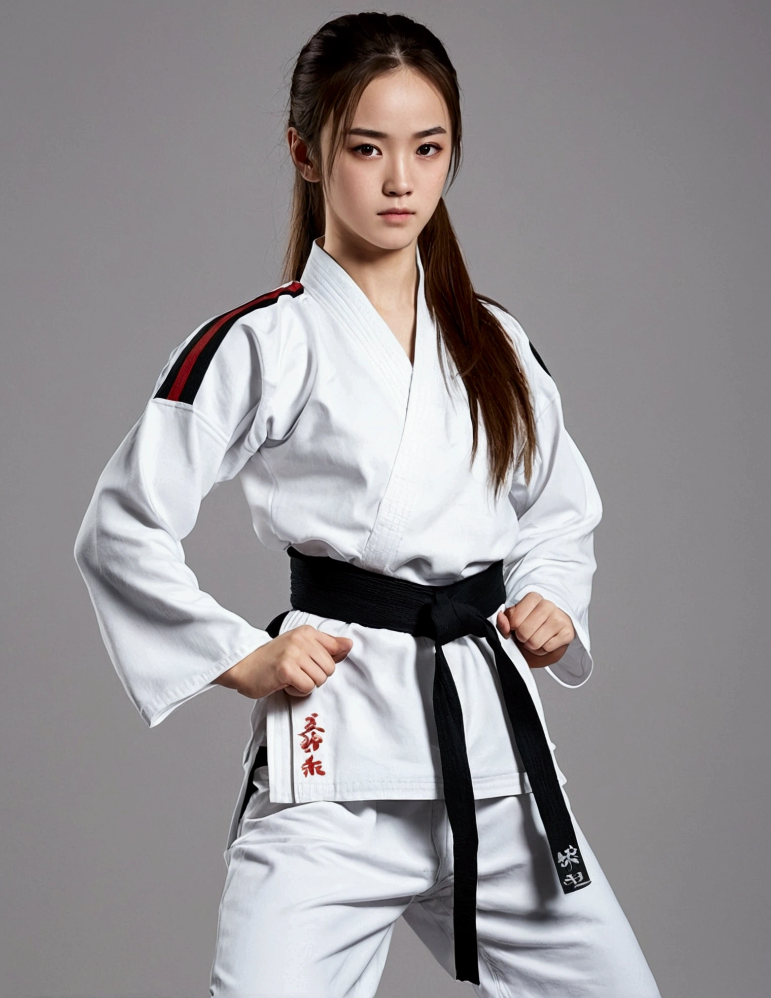 1 girl, strong karateka, 18 years, long sleeve,Long pants、karate techniques、White karate uniform、black tape、Long hair、beautiful face、The obi knot is in the middle.