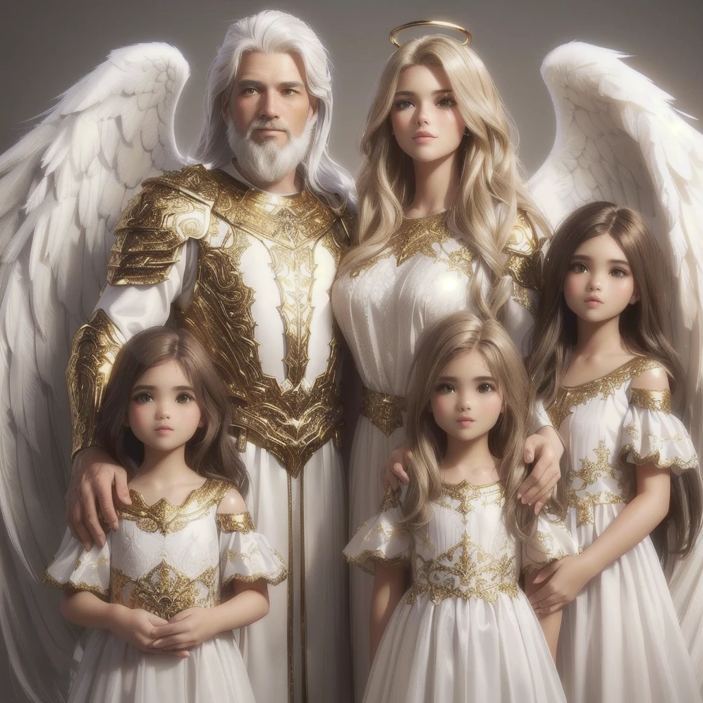 Photorealistic 3D Family portrait (Parents and 3 girls): Angels One Man white hair and beard and One Woman Blonde hair, In white and gold ceramic armor, Standing behind Angel twin girls in white and gold dress, And one older girl in white and gold dress, Brown long hair.