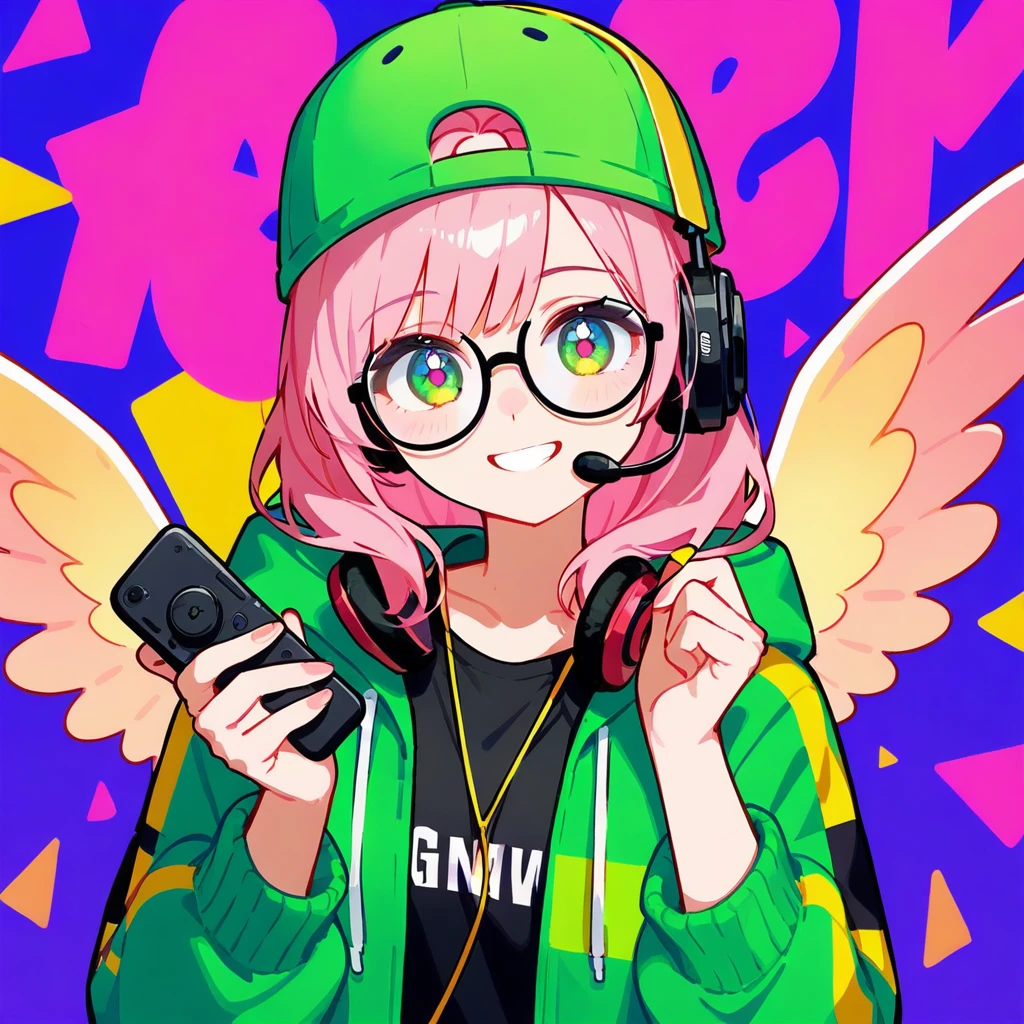 1girl, standing up, looking at viewer, hairstyle, gold rose accessories, green clothes, medium size breast, friendly, glasses, pale skin, gamer, cool, headset, Heartsteel style, pink hair, medium hair in front, long hair back, green clothes, pink coat, cool headset, rounded glasses, winged hat, gamer, 8k, humanization, looking at viewer, smile, attitude, solo, masterpiece, fully dressed, full resolution, high definition, portrait, cute eyes, cheerful, dynamic posse, elite, sneakers, pants