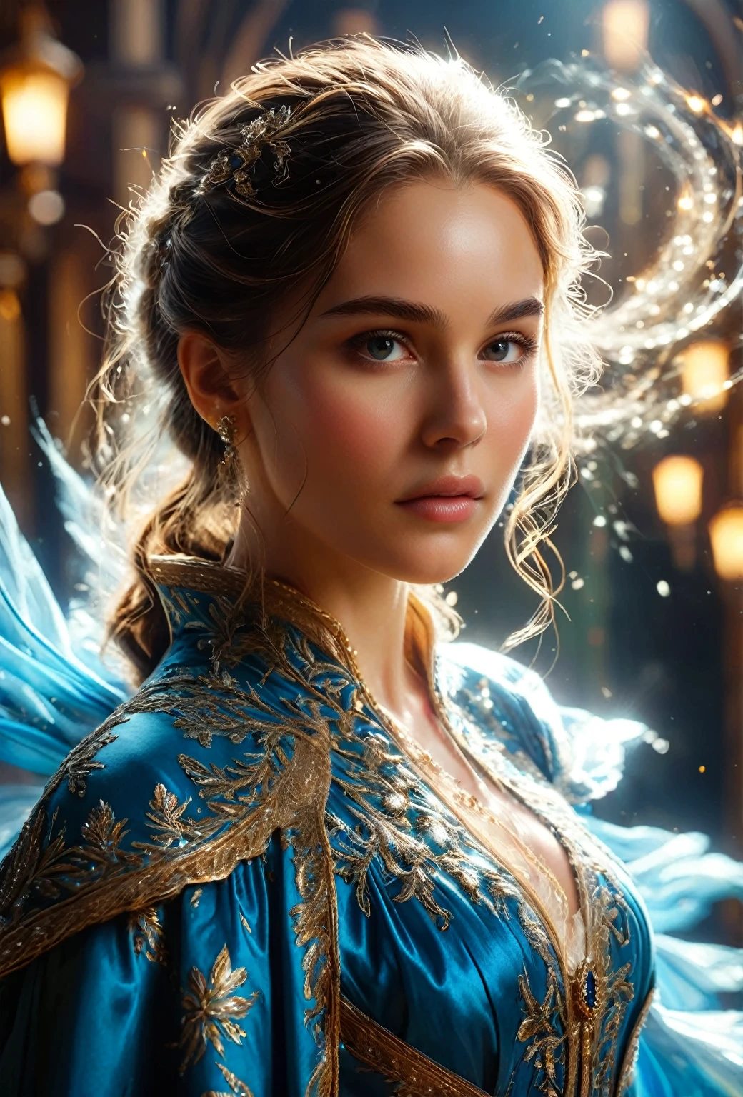 A handsome woman wearing a mage's robe, (detailed portrait of Natalie Portman as an Icemancer:0.3), fantasy art by Seb McKinnon, intricate magical details, trending on ArtStation, magical environment, cinematic lighting, rich saturated colors, dramatic pose