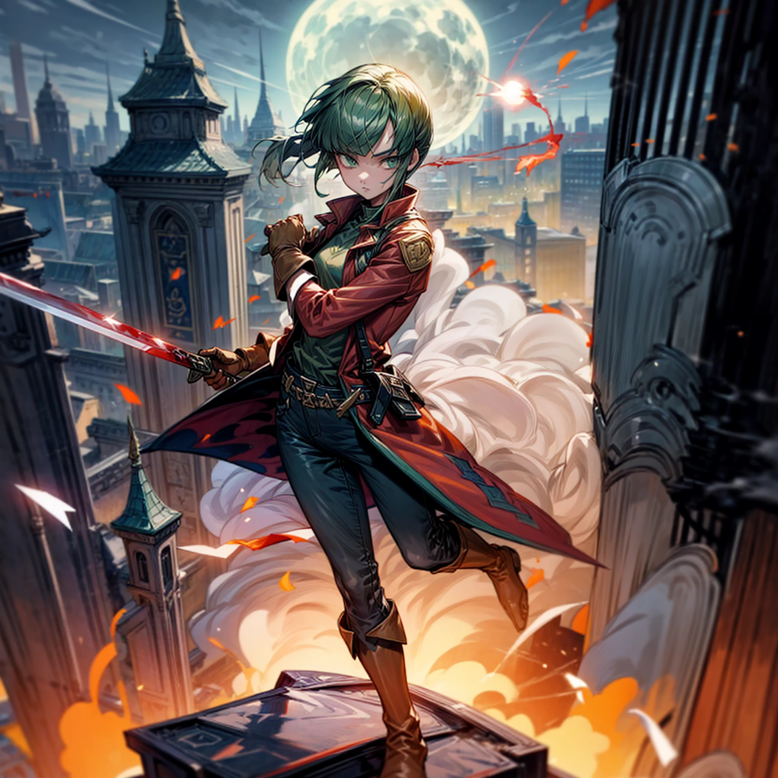 1girl, Full body version, 1character, green eyes, short haircut, (green color hair), soldier style clothing, red colour clothing, jacket, jeans, belt, boots, gloves, Grassroots, background On the roof of a city building, motion blur, (detective conan style art), sword in hand, fire effect on sword, lighting effect on sword, fire effect, smoke effect, aura effect, Moonlight, bloody background, blood on face, blood on shirt, blood on sword