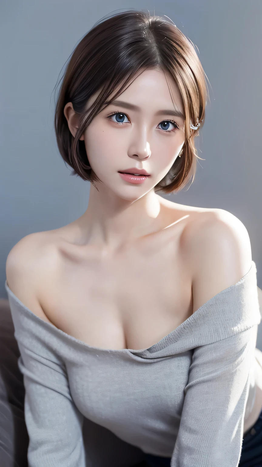 Skintight Top:1.2, View your viewers, Cinema Lighting, perfection, Soft Light, High Resolution Skins:1.2, Realistic skin texture, 30 year old mature woman、Small face、No makeup、 Off the shoulder,Bust B cup、 Exposed cleavage, Small breasts、blue eyes, short hair, Dark brown hair、Gray background、