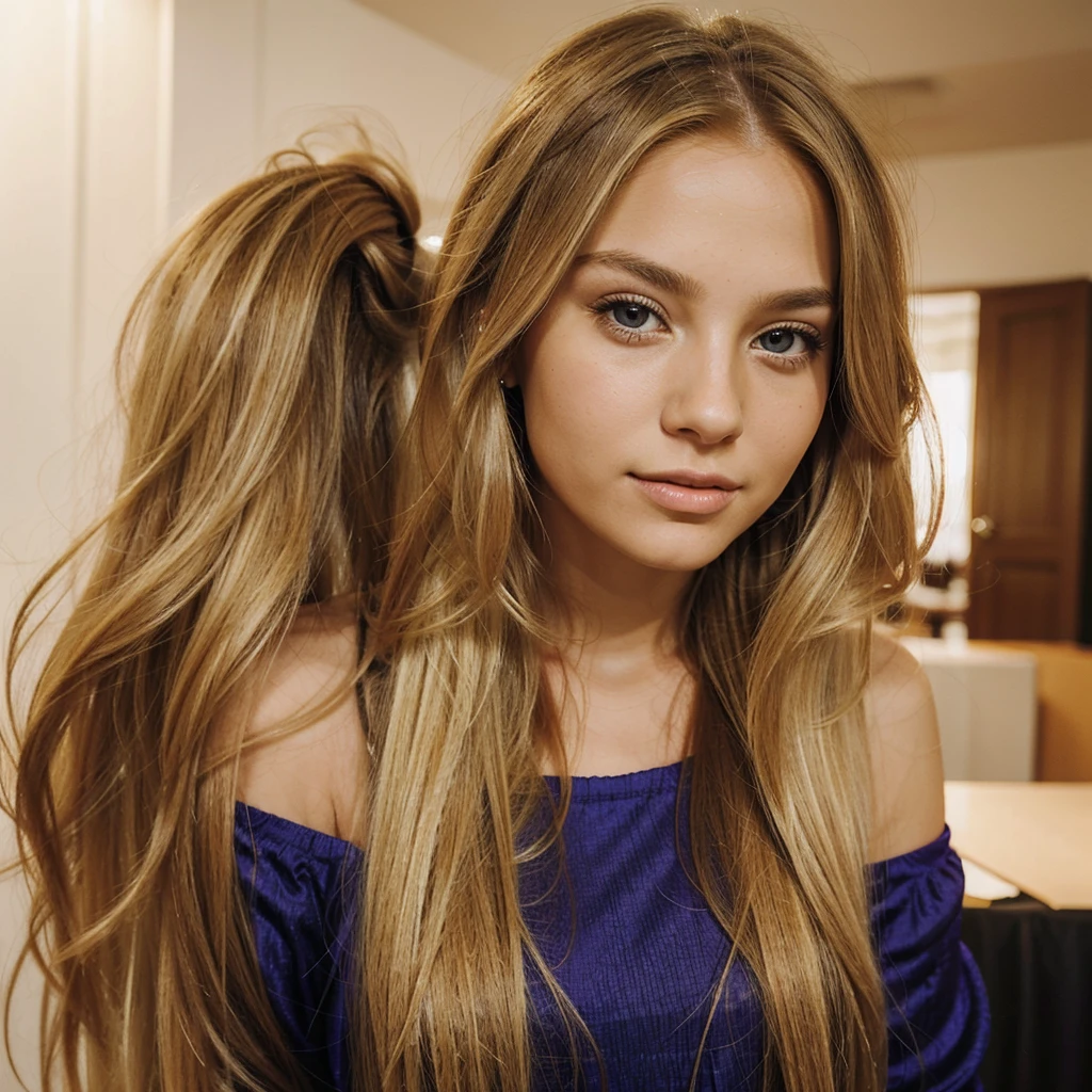 Vibrant, high-resolution portrait of a woman with beautiful long blonde hair, styled straight and falling just behind her shoulders. She has brown eyes. She is at a party, she has a unique beauty, a calm and confident face, makes the image very realistic