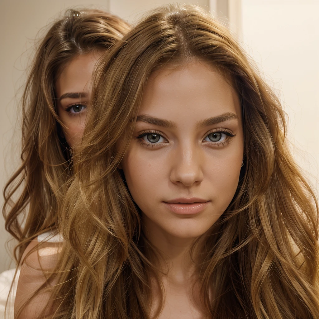 Vibrant, high-resolution portrait of a woman with beautiful long blonde hair, styled straight and falling just behind her shoulders. She has brown eyes. She is at a party, she has a unique beauty, a calm and confident face, makes the image very realistic