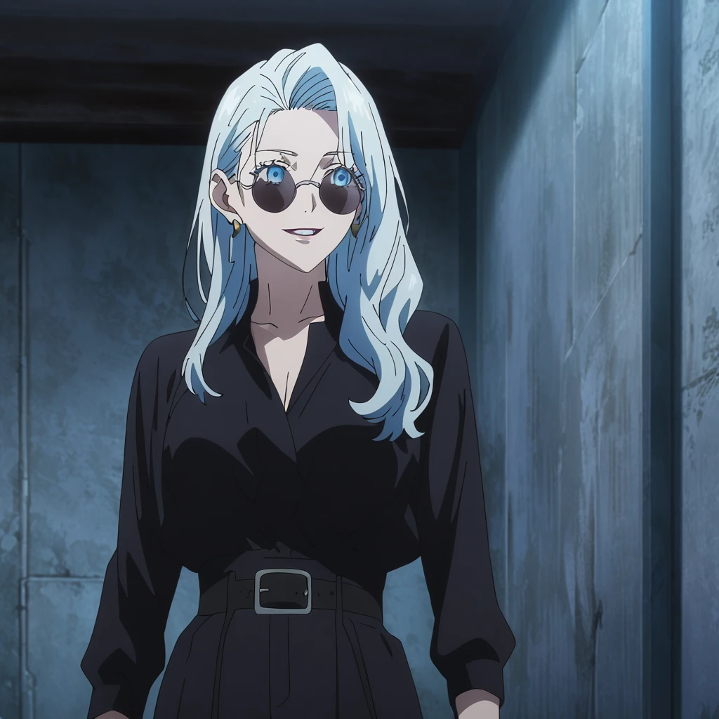 1girl, female gojo satoru, anime screencap from jujutsu kaisen, gojo satoru female version, solo, long_hair, ((Blue eyes, round sunglasses)) ((Silver_hair, hair over ear from one side))((slicked hair)) , night view, (hanging breasts) upper_body, smile, indoors, parted lips, (long hair) ((wearing black colour outfit, glossy)) breast, "very detailed and high resolution" (Blue eyes, round sunglasses) ((solo)) (((front view))) (earings) ((high resolution)) ((good quality)) ((silky hair, hair over ear from one side))((hair slicked)) ((parted lips)) ((full body))